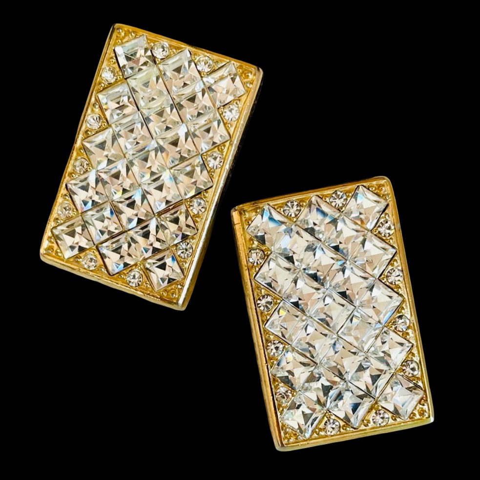 Vintage Signed Whiting & Davis Gold Plated Clip Earrings With Clear Crystals